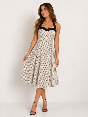 Dress Tells Polka Dot Halter Corset Lace Up Fit & Flare Dress M Retro Pinup